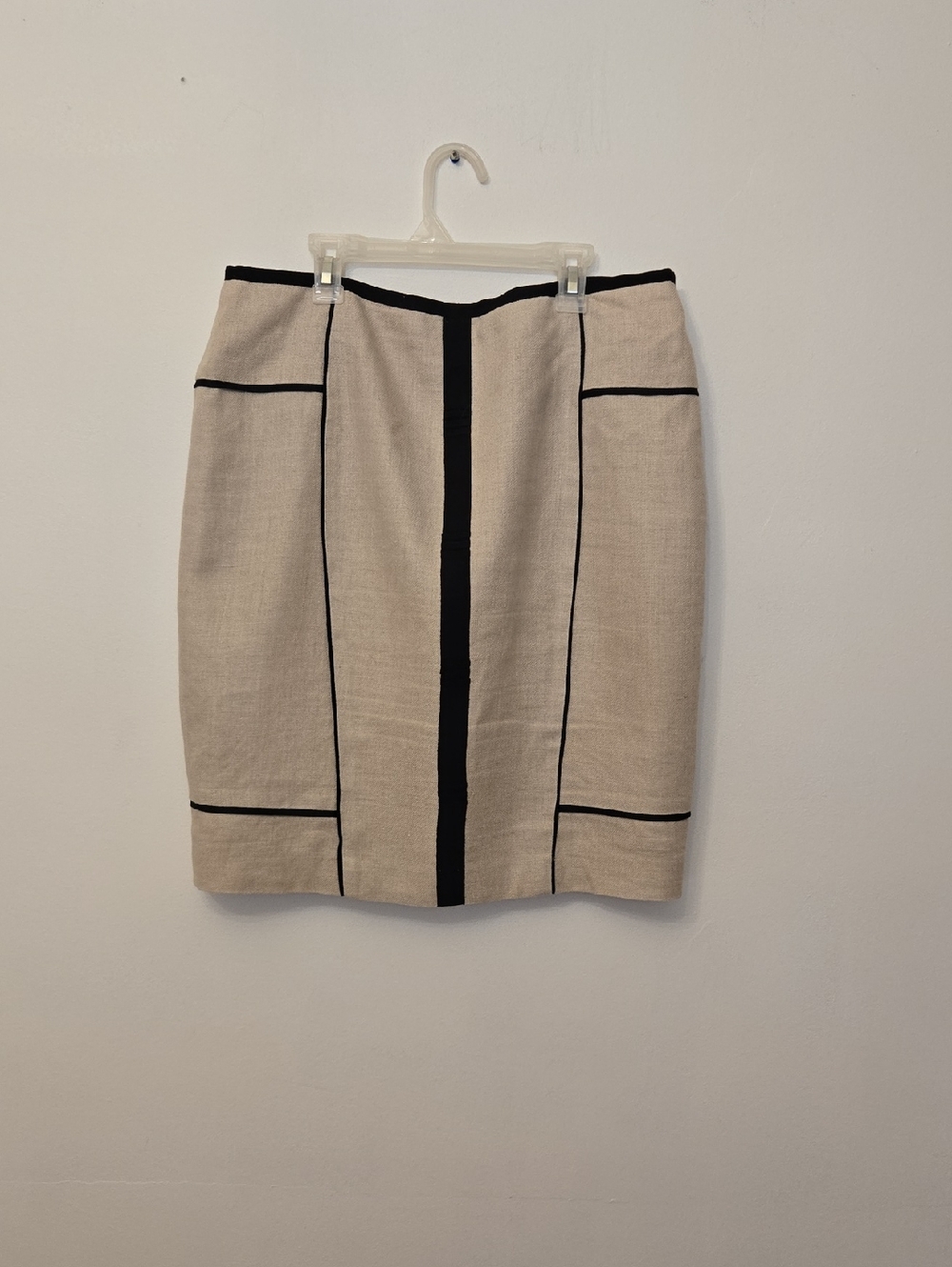 Sandra ANGELOZZI Beige Linen Pencil Skirt with Black Trim